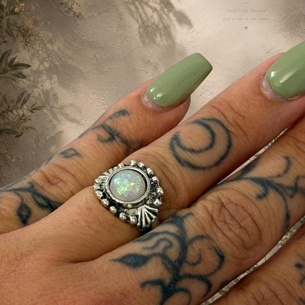 Silver Tone Iridescent Opal Style Ring – Approx. Size 7–7.5